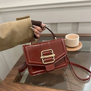 French Vintage Women Crossbody Bag PU Leather Small Square Bag With Gold Metal Buckle Daily Shoulder Handbag Fashion Gift