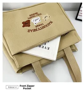 Detail view of the functional front zipper pocket on a khaki canvas tote bag with bears