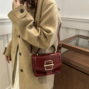 French retro burgundy patent leather square handbag with golden buckle for women