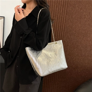 Silver crocodile embossed tote bag with elegant chain shoulder straps for women