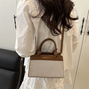 Retro linen and leather contrast handbag with Fashion Bag logo and shoulder strap