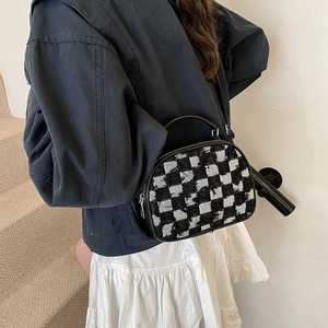 Chic black and white checkerboard tweed top-handle crossbody bag for women fashion
