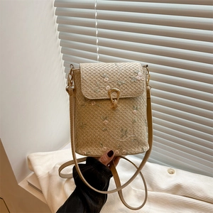 Borsa a Tracolla da Donna in Paglia Intrecciata Ricamo Floreale Chiusura in Metallo Vintage Piccola Borsa a Tracolla Quadrata per Vacanze Estive