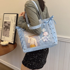 Japanese style light blue canvas ita bag with clear PVC pocket and ribbon decor