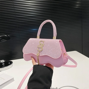 Women's Stylish Glitter Rhinestone Crossbody Bag Wavy Bottom PU Leather Handbag With Metal Tassel Small Square Bag For Party
