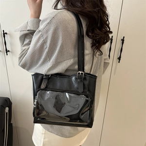 Large capacity black PU tote bag with clear PVC window and adjustable strap for women