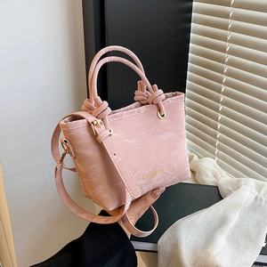 Women Pleated PU Leather Bucket Bag Urban Minimalist Knot Handle Crossbody Bag Fashion Letter Handheld Shoulder Bag