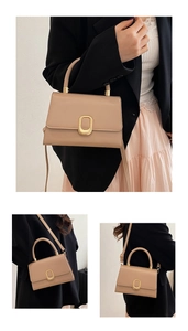 Beige small square handbag shown in hand-carry, shoulder, and crossbody styling modes