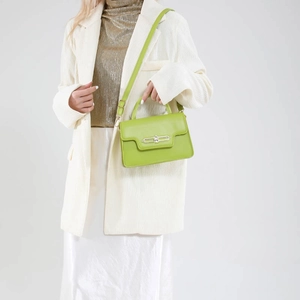 Vintage large capacity crossbody bag in neon green leather with silver metal lock