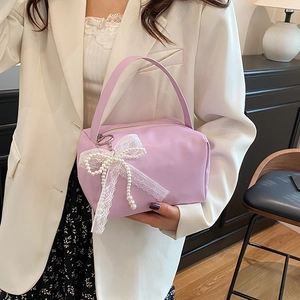 Chic purple shoulder bag for women, featuring a sweet pearl lace bow, stylish commuter handbag.