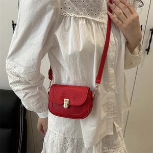Fashionable red lychee textured mini crossbody bag for women with golden vintage lock