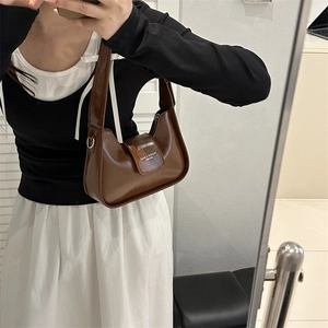Brown leather crescent underarm bag with fashion buckle for women trendy shoulder tote bag