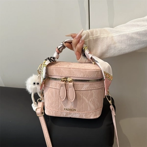 Trendy Marble Texture Women Small Square Box Bag With Silk Scarf Handle Plush Monster Pendant Handbag Crossbody Bag