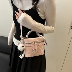 Pink marbled box crossbody bag with silk scarf handle and pompom charm for women