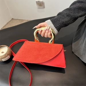 Modern Women Synthetic Suede Leather Patchwork Crossbody Bag With Artistic Gold Metal Handle Minimalist Small Square Handbag