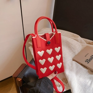 Mini Sac À Téléphone Tricoté Pour Femmes Motif Coeur Sac À Bandoulière Design De Niche Polyester Sac Carré Au Crochet Quotidien