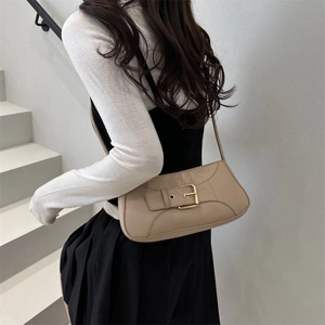 Retro khaki underarm bag with gold metal buckle and contrast stitching for women