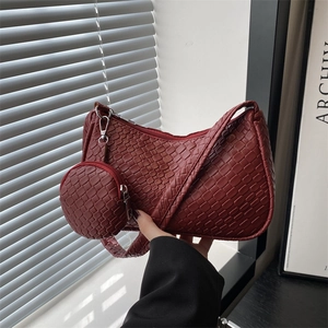 Women Woven Texture Hobo Underarm Bag PU Leather With Round Coin Purse Retro Minimalist Single Shoulder Handbag Daily Commuting Bag