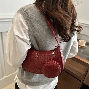Retro dark red woven leather hobo bag with large capacity and a small round pouch charm
