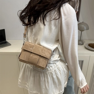 Minimalist beige woven leather crossbody square bag for women with adjustable strap