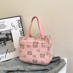 Sac Fourre-tout Décontracté en Velours Côtelé pour Femmes Avec Imprimé Ours et Smile Poche Avant Sac à Main École Bureau Voyage