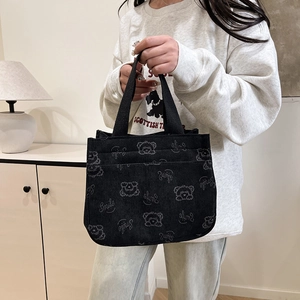 Sac fourre-tout noir en velours côtelé avec imprimé ours cartoon et motif Smile