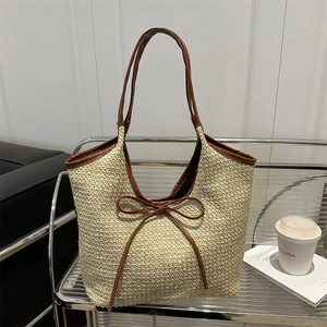Women Fashion Straw Woven Tote Bag Large Capacity Bow Contrast Underarm Shoulder Bag Summer Casual Vacation Handbag