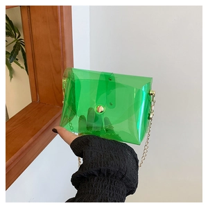 Détail d'un petit sac bandoulière en PVC vert transparent avec fermoir doré et chaîne