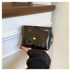 Détail du petit sac transparent noir en PVC avec chaîne dorée et boucle ronde métallique