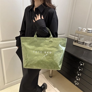 Green large-capacity tote bag with pleated texture and waterproof finish for women