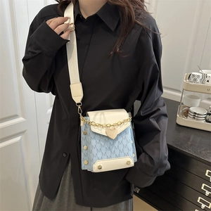 Blue and cream contrast small square crossbody bag with M print and wide strap