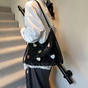 Cute Korean style black tote bag with colorful heart patches and pleated texture