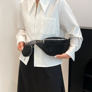 Fashionable black rhinestone waist bag for women with wide strap and coin purse