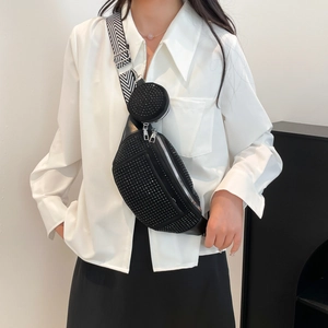 Sparkling black rhinestone crossbody chest bag with wide geometric strap and coin purse