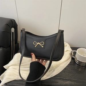 Women Simple Fashion Underarm Bag With Metal Bow Decor Solid Color PU Leather Shoulder Bag For Daily Commuting