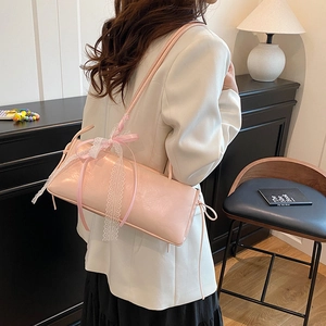 Pink faux leather baguette underarm bag with lace bow decoration for women fashion