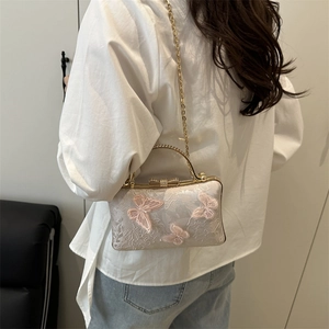 Elegant ivory floral lace evening bag with 3D pink butterfly appliques and gold chain