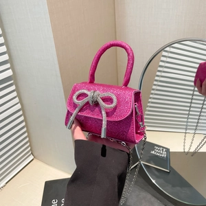 French Niche Design Mini Crossbody Bag For Girls PU Leather Rhinestone Bowknot Handbag With Metal Chain Elegant Party Purse