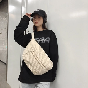 Sac bandoulière minimaliste en velours côtelé beige avec grande capacité et sangle
