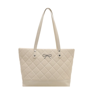 Chic quilted tote bag in creamy white with silver bow detail and large capacity
