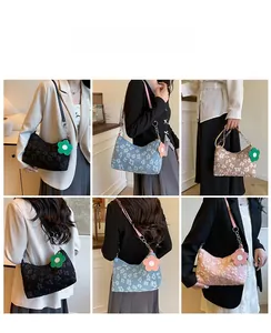 Detailed views of floral embossed shoulder bag showing various colors and textures on model