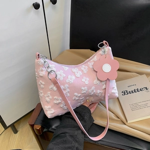 Women Sweet 3D Floral Underarm Bag Korean Style Jacquard Shoulder Bag With Flower Charm Polyester Chain Strap Hobo Bag