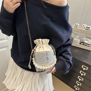 Silver snakeskin bucket bag with large pearl handle and gold chain strap in a lifestyle setting