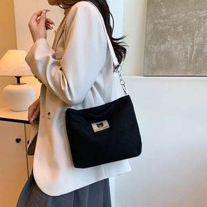 Retro black corduroy tote bag with bear patch and metal chain strap for women