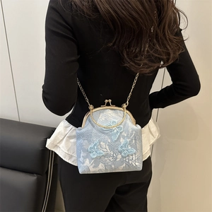 Elegant blue butterfly embroidery chain bag with vintage clasp closure and gold strap