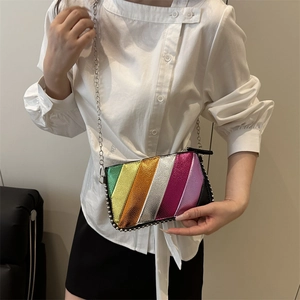 Rainbow striped crossbody bag with silver studs and chain strap in metallic finish