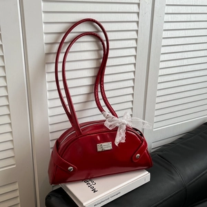 Women Glossy Polyurethane Shell Shoulder Bag Vintage Lace Ribbon Bow Knot Small Bowling Underarm Bag Metallic Logo Rivet Fashion Handbag