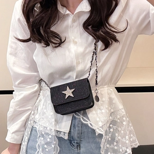 Mini black glitter crossbody bag with silver star diamond buckle and leather chain strap