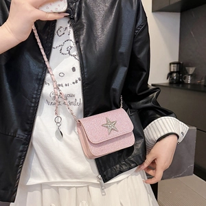 Pink rhinestone star crossbody bag with silver woven chain strap for women fashion