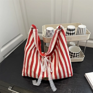 Women Striped Canvas Tote Bag Large Capacity Shoulder Bag With Lace Bowknot Sweet Urban Minimalist Commuter Handbag